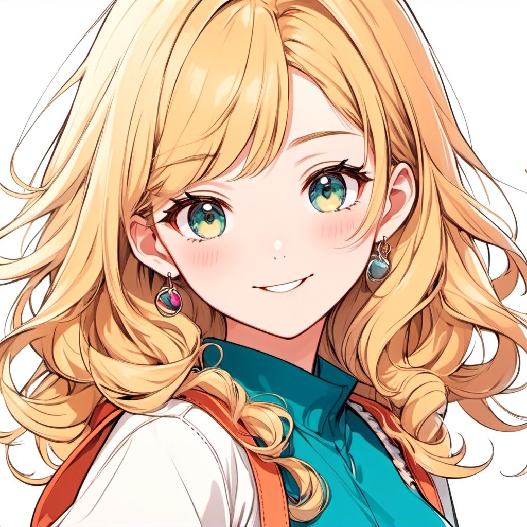 line art drawing anime artwork 1 girl ,cute , half body ,smiling  ,look at viewer  ,a smiling girl , simple background ,long blond curls hair floating ,mess hair ,bangs , hair clip , earrings , ball head ,chibi style ,high quality , HD ,masterpiece ,professional , trending on artstation ,detailed eyes ,detaled face , . anime style, key visual, vibrant, studio anime, highly detailed . professional, sleek, modern, minimalist, graphic, line art, vector graphics