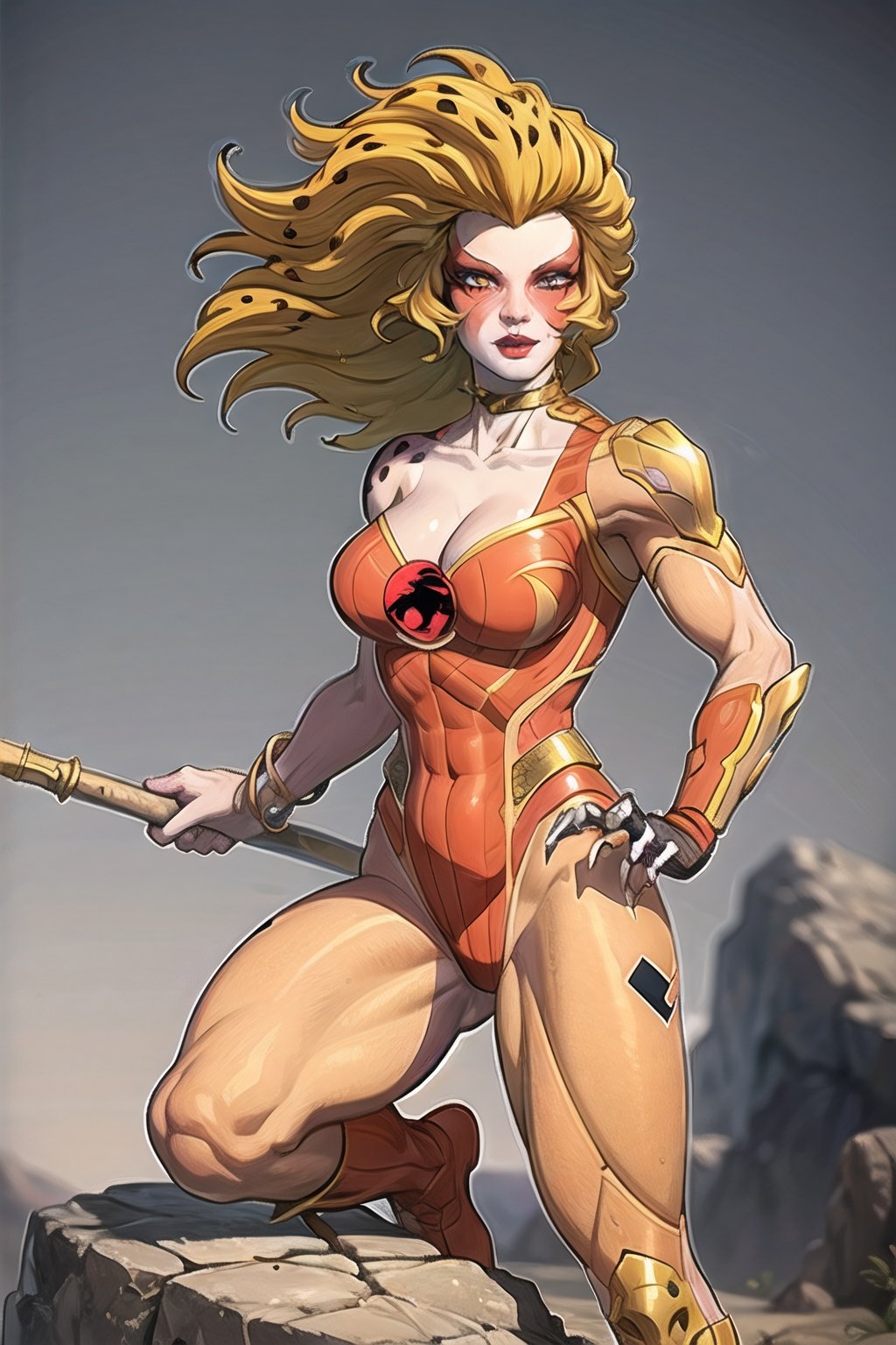 cheetara_armor_aiwaifu, aiwaifu,choker,staff,blonde hair,makeup,lipstick,long hair,leotard,jewelry,bracelet,brown eyes,bodysuit,facial mark,large breasts,cleavage,facepaint,colored skin,eyelips,red lips,collarbone,orange hair,orange leotard,knee boots,tank top,yellow skin,claws,colored sclera,covered navel,muscular,abs,armor, masterpiece,best quality,ultra detailed, 8k, cinematic light,highly detailed, scenery,pose,solo,looking at viewer, ,cheetara_armor_aiwaifu