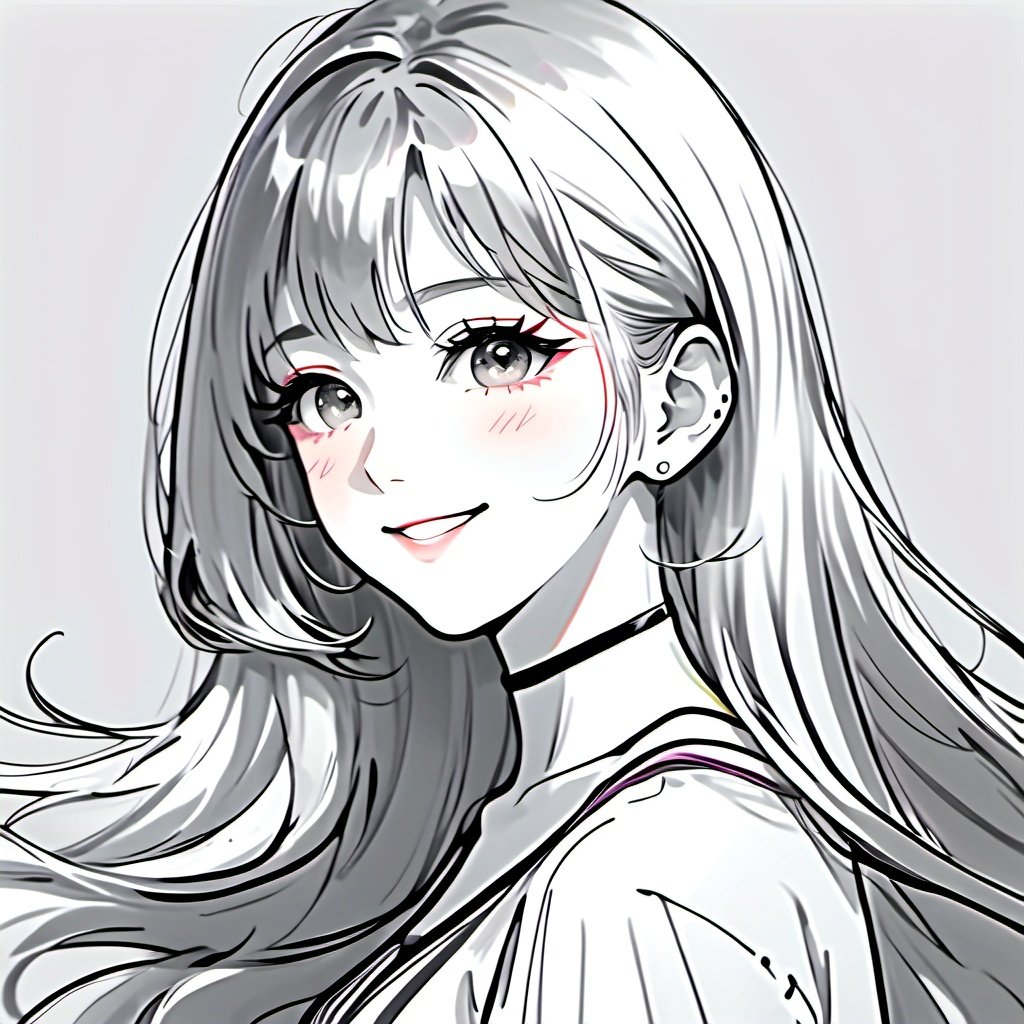 line art drawing anime artwork 1 girl，close up portrait ，smiling ,cute ,look at viewer , long hair floating ,masterpiece, professional ,trending on artstation ,HD ,high detail ,best quality , (blackandwhtie : 1),<lora:blackandwhite:1> . anime style, key visual, vibrant, studio anime, highly detailed . professional, sleek, modern, minimalist, graphic, line art, vector graphics