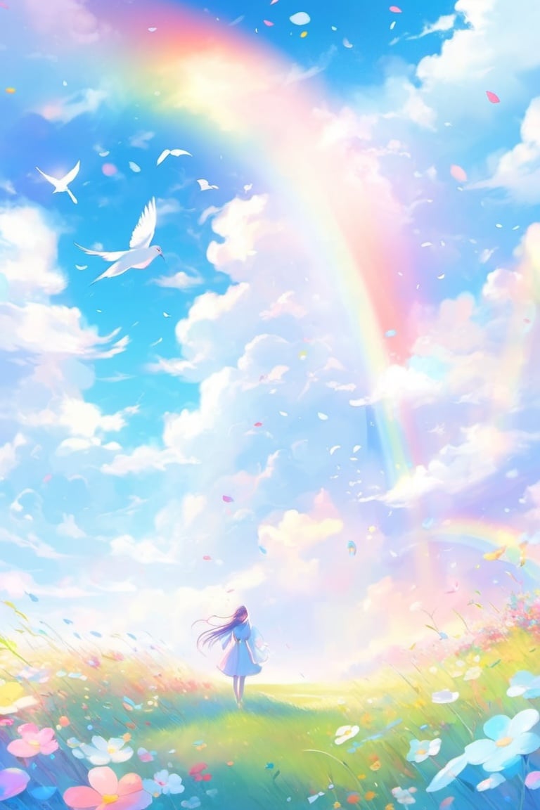 fashiondi,fantasydi, cloud, sky, scenery, no humans, outdoors, bird, day, flower, blue sky, grass, rainbow, petals
