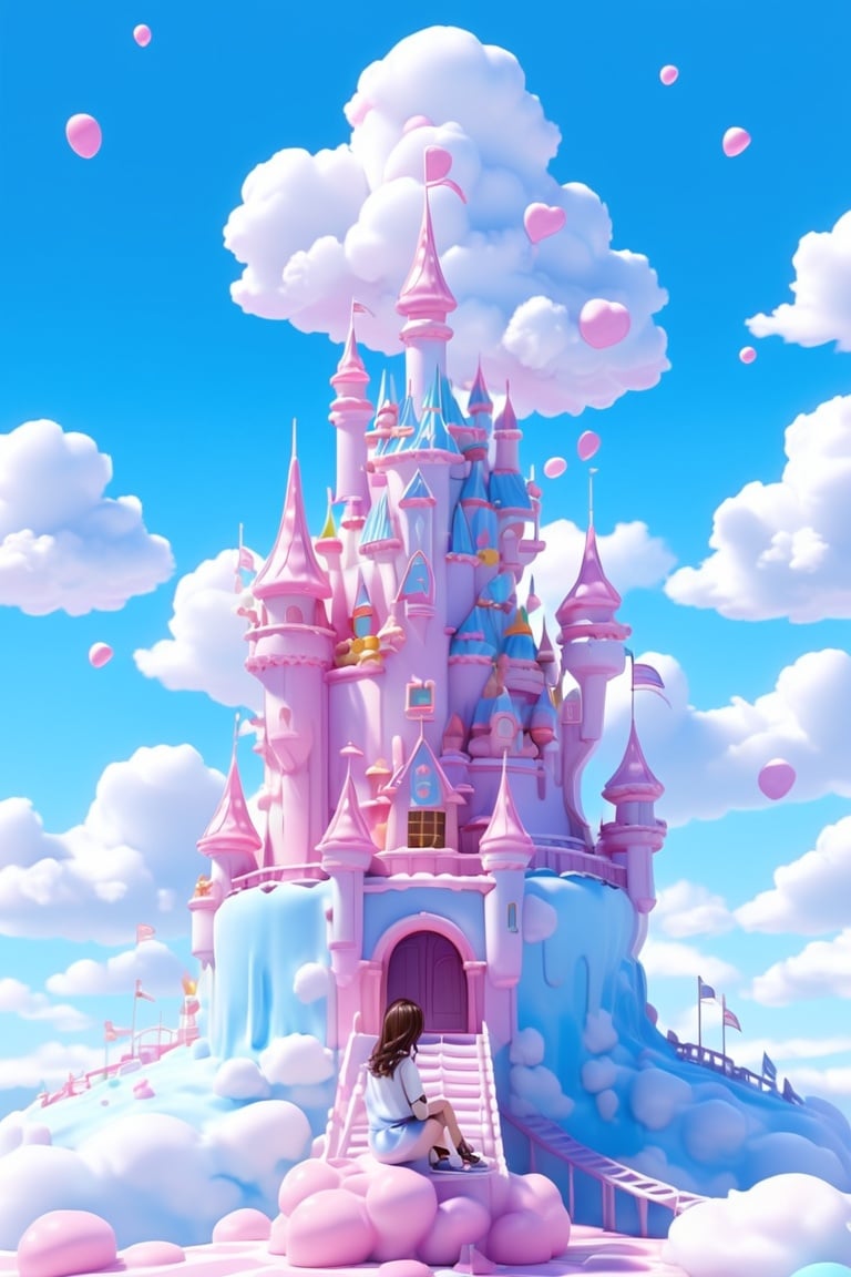 BJ_Teenage_Fantasy,The scene depicts a wide expanse of fluffy white clouds, resembling cotton candy. Above the clouds stands a massive castle made entirely of delicious cakes and tempting chocolate structures. The castle's top is adorned with colorful candies and frosting, emitting a sweet aroma.
,candy-coated