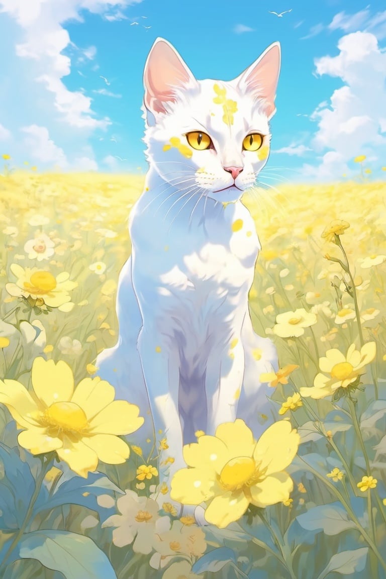 fantasydi,no humans, flower, outdoors, yellow flower, sky, animal focus, field, flower field, day, cloud, blue sky, looking at viewer, tongue, tongue out, cat, animal, open mouth