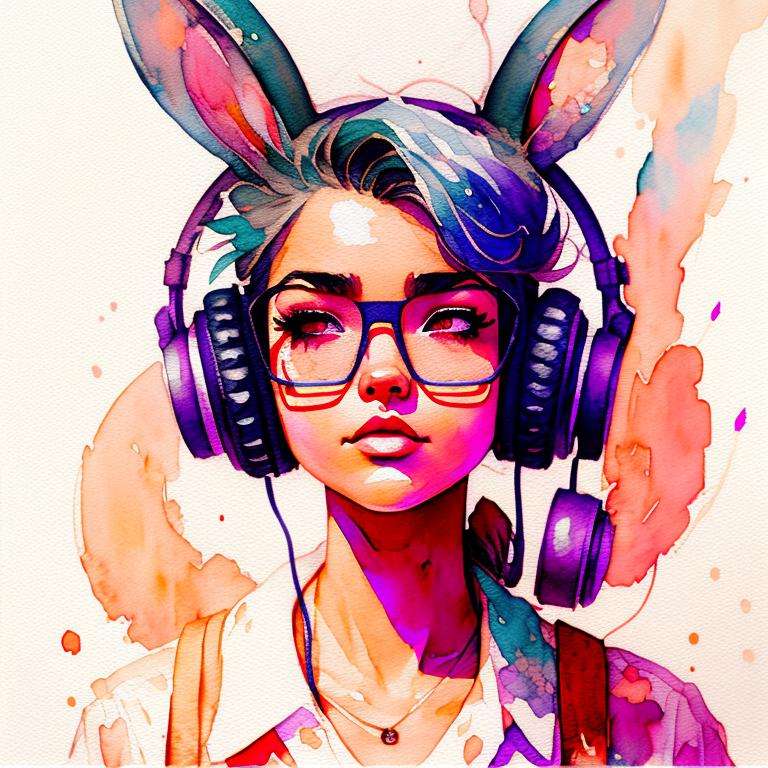 wtrcolor style, Digital art of (Retrowave bunny girl with glasses and headphone character design), official art, frontal, smiling, masterpiece, Beautiful, ((watercolor)), face paint, paint splatter, intricate details. Highly detailed, detailed eyes, [dripping:0.5], Trending on artstation, by Rachel Walker