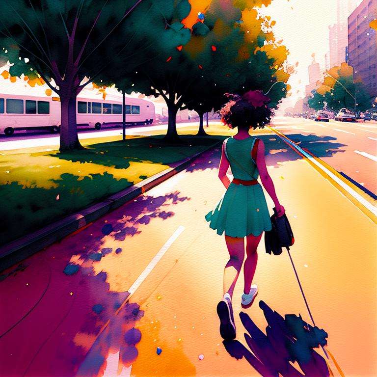 wtrcolor style, Beautiful girl walking on the street, watercolor