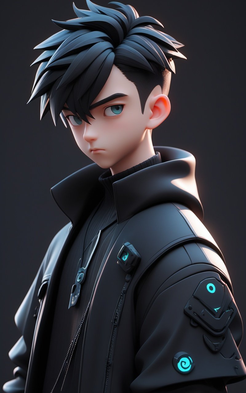 A handsome boy,
bust,beautiful face,
wearing black clothes,
Cyberpunk style,Pixar,
popmart blind box,
3d render, blender, octane rendering, pastel color, solid color background,