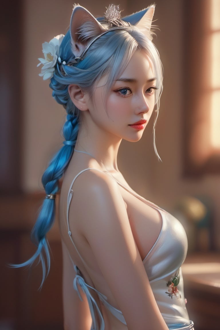 Solo, anime girl, full body, young adult body, medium chest, Hyperdetailed school background, School, 
Detailed medium white hair braid, hair braid, Cat ears, beautiful, Detailed eyes, blue eyes, Side view, torso shot from waist, Thick lineart, Anxious, Hyperdetailed natural light, detailed reflection light, 
volumetric lighting maximalist photo illustration 64k, resolution high res intricately detailed complex, 
key visual, precise lineart, vibrant, panoramic, cinematic, masterfully crafted, 64k resolution, beautiful, stunning, ultra detailed, expressive, hypermaximalist, colorful, rich deep color, vintage show promotional poster, glamour, anime art, fantasy art, brush strokes,, 16k, UHD, HDR,(Masterpiece:1.5), Absurdres, (best quality:1.5), Anime style photo, Manga style, Digital art, glow effects, Hand drawn, render,octane render, cinema 4d, blender, dark, atmospheric 4k ultra detailed, cinematic sensual, Sharp focus, hyperrealistic, big depth of field, Masterpiece, colors, 3d octane render, concept art, trending on artstation, hyperrealistic, Vivid colors,, modelshoot style, (extremely detailed CG unity 8k wallpaper), professional majestic oil painting by Ed Blinkey, Atey Ghailan, Studio Ghibli, by Jeremy Mann, Greg Manchess, Antonio Moro, trending on ArtStation, trending on CGSociety, Intricate, High Detail, Sharp focus, dramatic, photorealistic painting art,candyseul