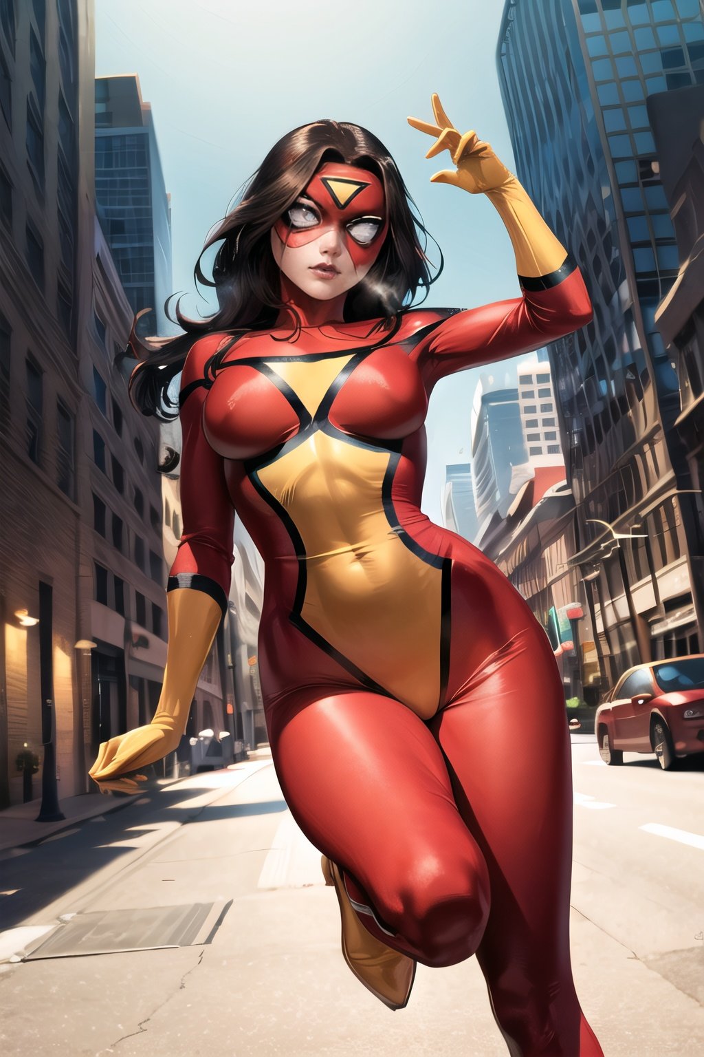 Jessica_Drew_aiwaifu,(mask,bodypaint:0.65), painted clothes, form fitting, domino mask,covered_eyes,bodysuit,superhero,gloves,red bodysuit,yellow gloves,Brazilian,masterpiece,best quality,ultra detailed, 8k, cinematic light,highly detailed, scenery,pose,solo,looking at viewer, 