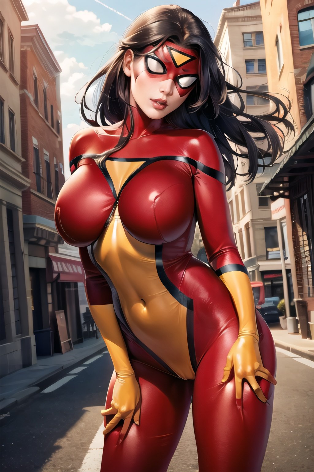 Jessica_Drew_aiwaifu,mask,domino mask,covered_eyes,long hair,black hair,bodysuit,superhero,gloves,large breasts,lips,lipstick,red bodysuit,makeup,skin tight,yellow gloves,covered navel,huge breasts,shiny clothes,yellow bodysuit,thighs,latex, toned, masterpiece,best quality,ultra detailed, 8k, cinematic light,highly detailed, scenery,pose,solo,looking at viewer, 
