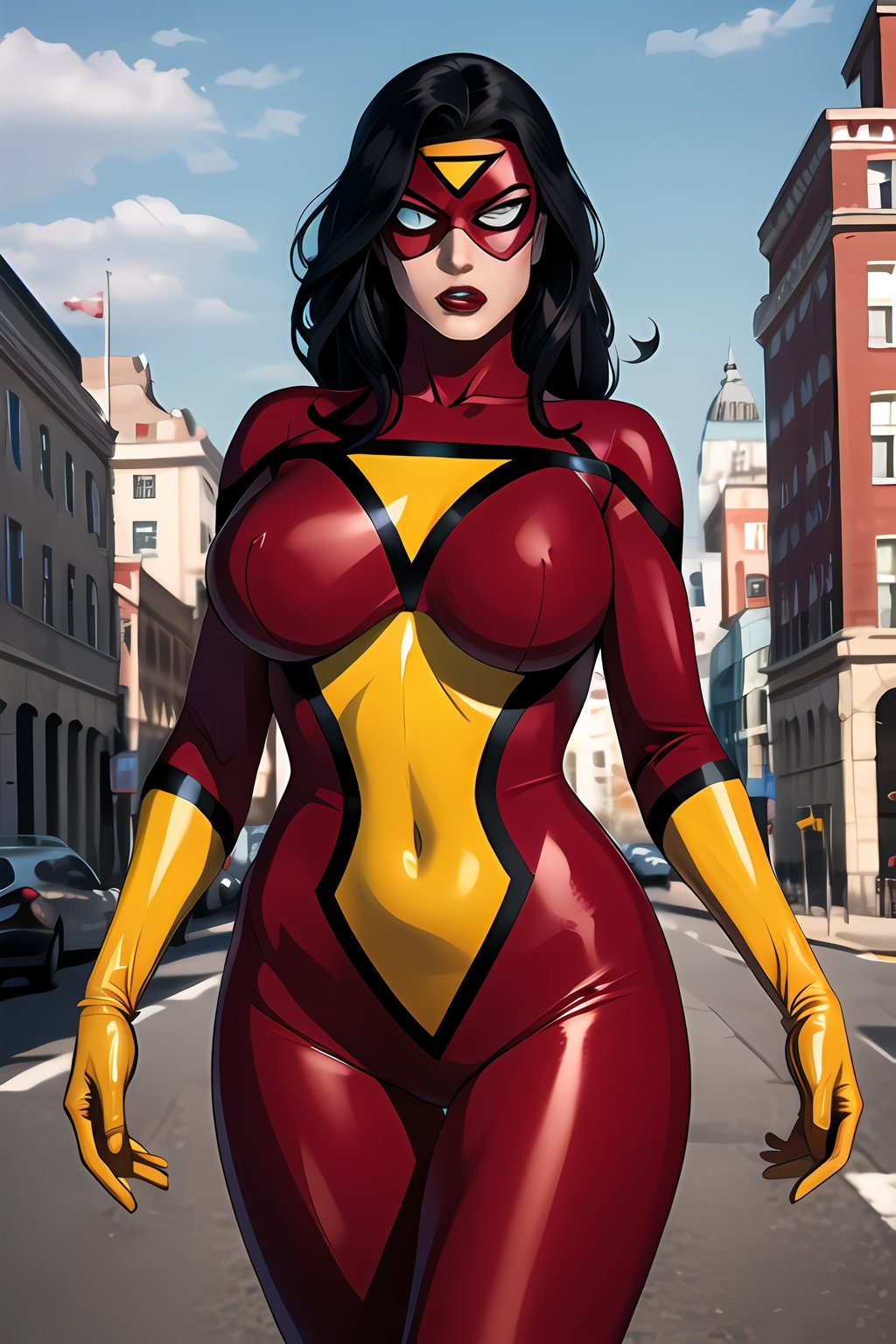 Jessica_Drew_aiwaifu,mask,domino mask,covered_eyes,long hair,black hair,bodysuit,superhero,gloves,large breasts,lips,lipstick,red bodysuit,makeup,skin tight,yellow gloves,covered navel,huge breasts,shiny clothes,yellow bodysuit,thighs,latex, toned,masterpiece,best quality,ultra detailed, 8k, cinematic light,highly detailed, scenery,pose,solo,looking at viewer,