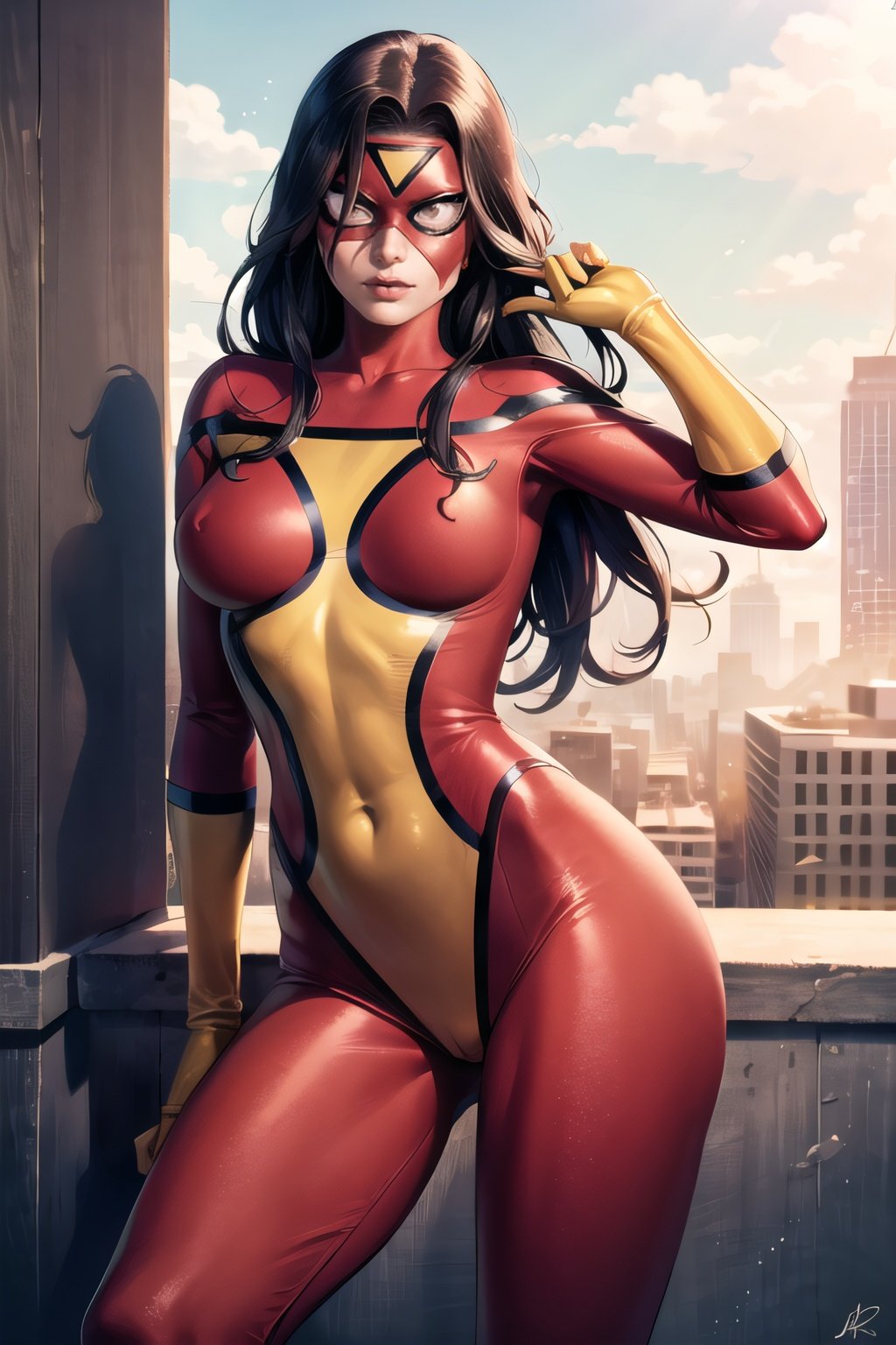 Jessica_Drew_aiwaifu,mask,(bodypaint:0.65), painted clothes, form fitting, domino mask,covered_eyes,bodysuit,superhero,gloves,red bodysuit,yellow gloves,masterpiece,best quality,ultra detailed, 8k, cinematic light,highly detailed, scenery,pose,solo,looking at viewer, 