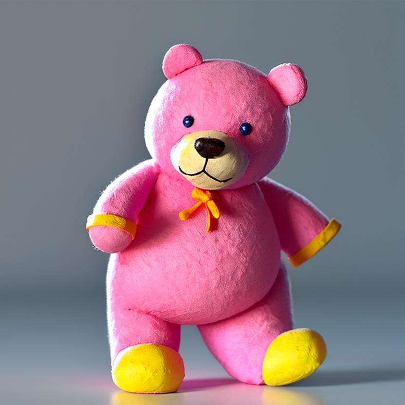 masterpiece,best quality,Clay,clay texture,polymer clay,ultra light clay,Q edition,cartoon,full body,no humans,solo,pink bear,simple background,gradient background,personify,stand,