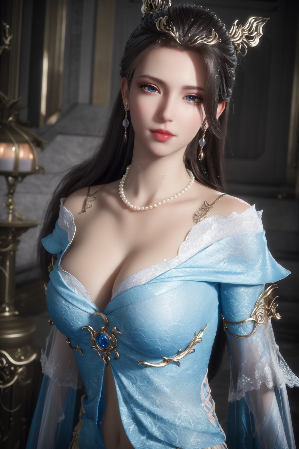 (8k, RAW photo, best quality, masterpiece:1.2),solo,pov,(super realistic, photo-realistic:1.3), ultra-detailed, extremely detailed cg 8k wallpaper,hatching (texture),skin gloss,light persona,(crystalstexture skin:1.2), (extremely delicate and beautiful), (white skin:1.2),ultra realistic 8k cg, flawless, clean, masterpiece, professional artwork, famous artwork, cinematic lighting, cinematic bloom, perfect face, beautiful face, fantasy, dreamlike, unreal, science fiction, lace, lace trim, lace-trimmed legwear, luxury, jewelry, diamond,  pearl, gem, sapphire, ruby, emerald, intricate detail, delicate pattern, charming, alluring, seductive, erotic, enchanting, hair ornament, necklace, earrings, bracelet, armlet,halo,,(((Best quality, masterpiece, ultra high res, (photorealistic:1.4), raw photo, 1girl, wet clothes, )))1girl,arms behind back,long_hair, solo, (((very_long_hair))),bare_shoulders,purple hair, long dress,hair ornament,pov,(full shot), (breasts,medium_breasts, cleavage:1.2),looking_at_viewer,hyr-hd,<lora:GoodHands-vanilla:1> , <lora:8hyr-000018:0.8>