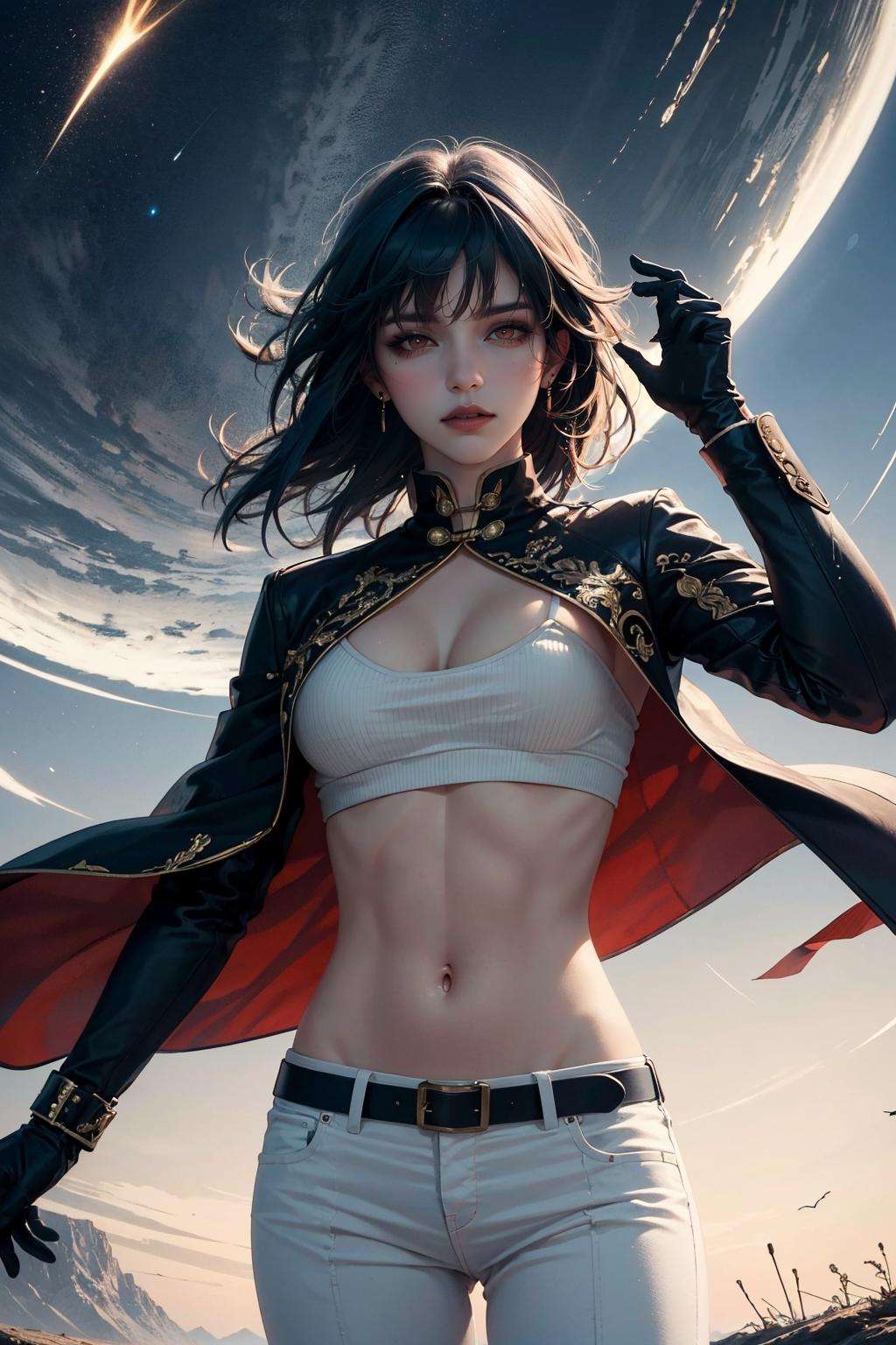 masterpiece, best quality, realistic, 8k, official art, cinematic light, ultra high res,1girl, <lora:Blade_FMv13:0.8>,blade\(hsr\),black coat, chinese clothes,(bangs:1.2),red eyes, white pant, dark blue hair,dynamic pose, dynamic angles