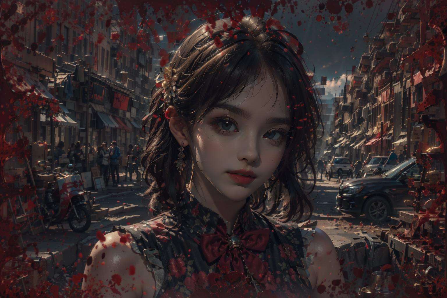 official art, unity 8k wallpaper, ultra detailed, aesthetic, masterpiece, best quality, photorealistic, dynamic lighting, global illumination, morning sunlight, landscape,1girl, <lora:BloodOnScreenv10:0.9>, BloodOnScreen,detailed background,, stunning environment , Bowtie,earrings ,bracelets ,jewelry , High fade, Mixing vintage and modern pieces, The Grand Canyon of the Yellowstone