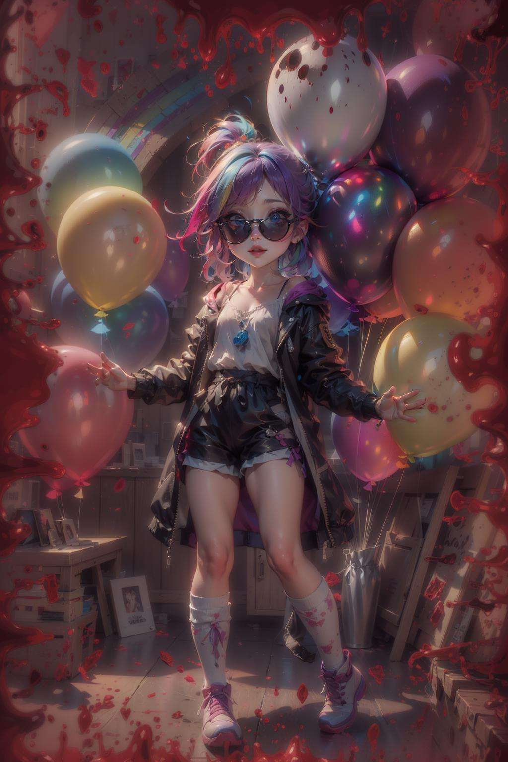 masterpiece, best quality, 1 girl, pretty and cute, (rainbow color Highlight Hair,colorful hair:1.4), wearing blue and purple sunglasses, yellow jacket with white pattern, white sweater, many colored balloons, doll face, ponytail braid, perfect detail eyes, delicate face, perfect cg, HD quality, colored balloons, sky ,black boots,<lora:BloodOnScreenv10:0.9>, BloodOnScreen,