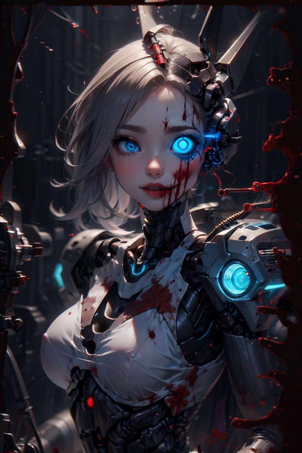 a cyborg lady, (cybernetic jaw), mechanical parts, white shirt,  black latex skirt, metal skin, (glowing blue eyes), cables, wires, white hair, <lora:BloodOnScreenv10:0.9>, BloodOnScreen, blood splatter, 