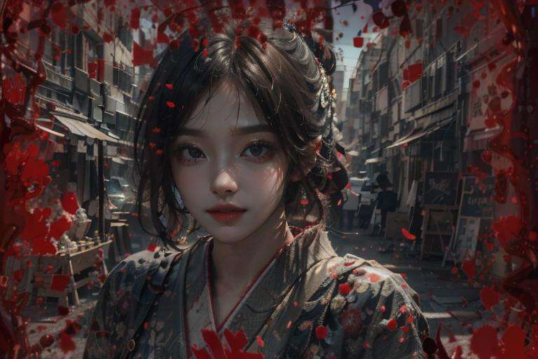 official art, unity 8k wallpaper, ultra detailed, aesthetic, masterpiece, best quality, photorealistic, dynamic lighting, global illumination, morning sunlight, landscape,1girl, japanese clothes, <lora:BloodOnScreen01-000004:1>, BloodOnScreen,detailed background, japanese structures, 