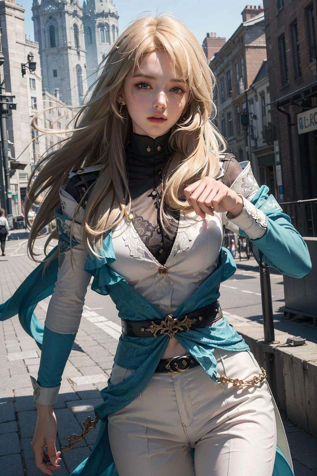 Ultra Detailed, 50mm, official art, unity 8k wallpaper, ultra detailed, aesthetic, masterpiece, best quality, photorealistic,1girl, <lora:Luocha_fm_v11:1>, luocha, blonde hair, long hair,  white coat, black shirt, white pants, blue ascot, blue armband, blue vest, black gloves, dynamic pose, dynamic angle