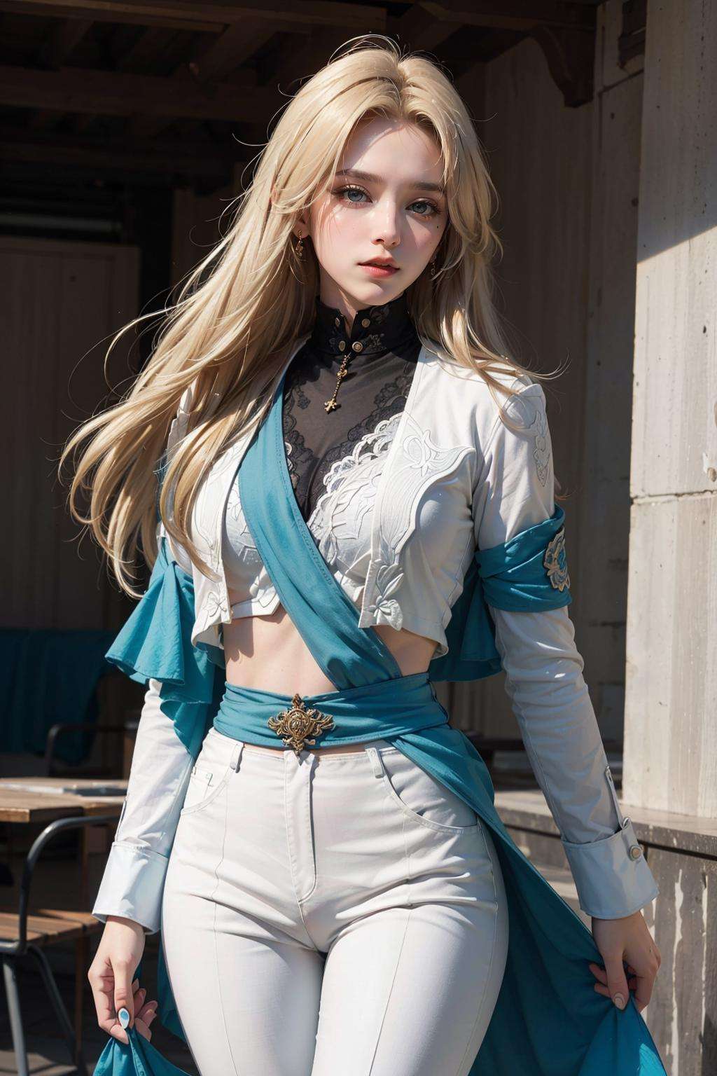 Ultra Detailed, 50mm, official art, unity 8k wallpaper, ultra detailed, aesthetic, masterpiece, best quality, photorealistic,1girl, <lora:Luocha_fm_v11:0.8>, luocha, blonde hair, long hair,  white coat, black shirt, white pants, blue ascot, blue armband, blue vest, narrow waist, dynamic pose, dynamic angle