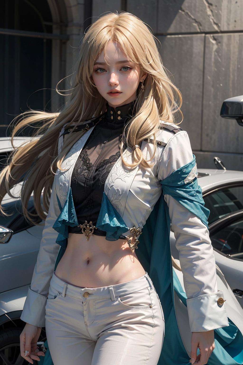 Ultra Detailed, 50mm, official art, unity 8k wallpaper, ultra detailed, aesthetic, masterpiece, best quality, photorealistic,1girl, <lora:Luocha_fm_v11:0.9>, luocha, blonde hair, long hair,  white coat, black shirt, white pants, blue ascot, blue armband, blue vest, narrow waist, dynamic pose, dynamic angle