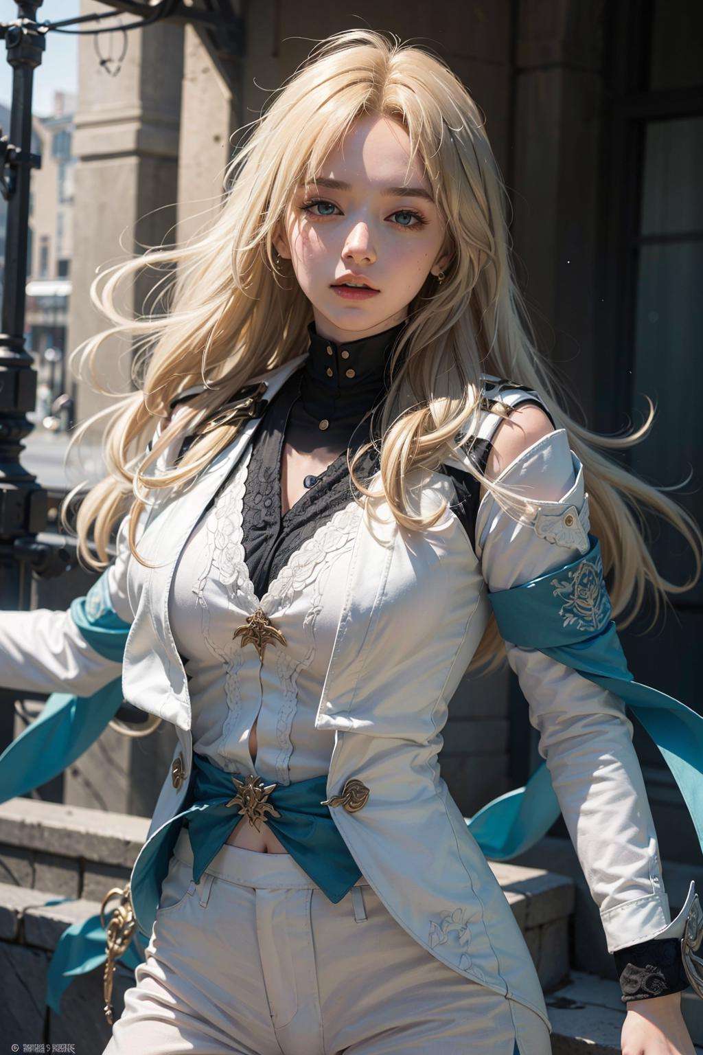 Ultra Detailed, 50mm, official art, unity 8k wallpaper, ultra detailed, aesthetic, masterpiece, best quality, photorealistic,1girl, <lora:Luocha_fm_v11:0.9>, luocha, blonde hair, long hair,  white coat, black shirt, white pants, blue ascot, blue armband, blue vest, dynamic pose, dynamic angle