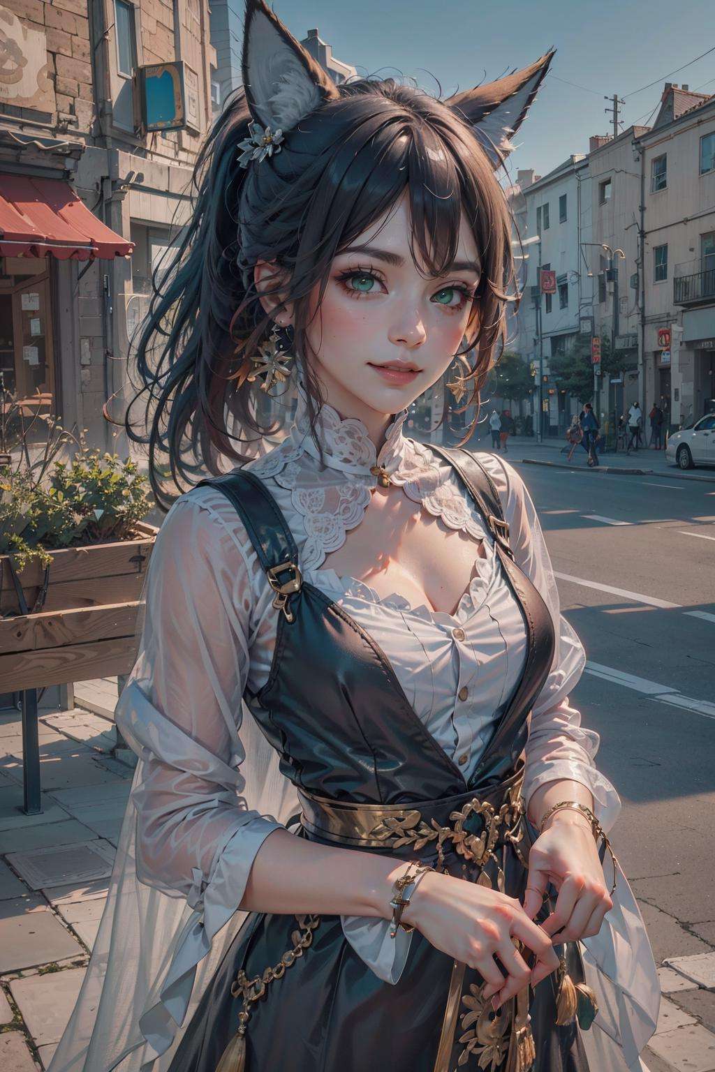 (masterpiece, top quality, best quality, official art, beautiful and aesthetic:1.2), ultra realistic, 32k, extremely detailed CG unity 8k wallpaper,  detailed background, outdoors, day,1girl,<lora:Tingyun_v15:0.8>, tingyun, green eyes, ponytail, hair ornament, white collar, (fox ears;1.3), seductive smile, 