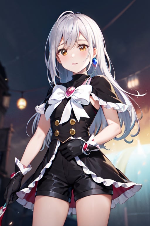 masterpiece, best quality, highres, 1girl, solo, cowboy shot, hitomi, brown eyes, silver hair, magical girl, black shirt, black dress, black shorts, brooch, long hair, gloves, jewelry 