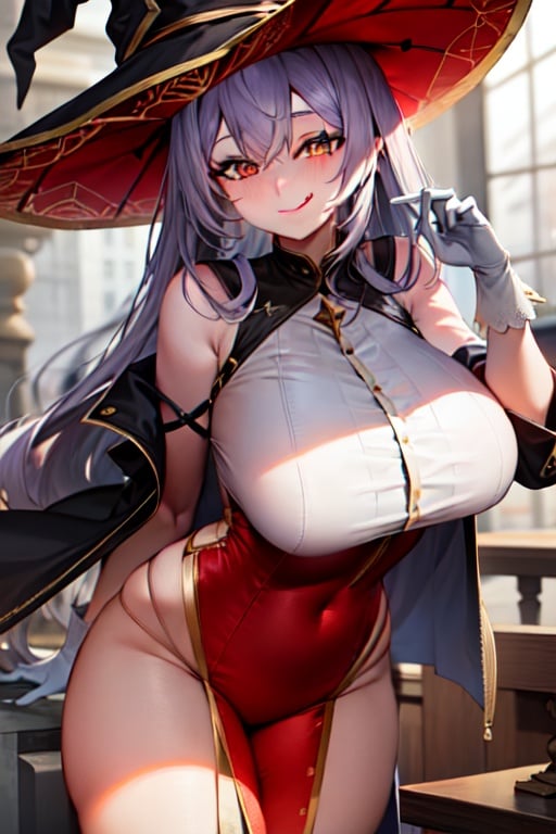 female_solo, curvaceous, masterpiece, big_breasts, defined, happy, clear_skin, glow, purple_hair, red_eyes, long_hair,  clear face, red_clothes, jacket, white_gloves, witch_hat, wizard_hat, devious_smile, glass, licking_lips