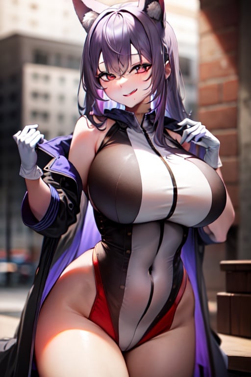 female_solo, curvaceous, masterpiece, big_breasts, defined, happy, clear_skin, glow, purple_hair, red_eyes, long_hair,  clear face, red_clothes, jacket, white_gloves, licking_lips, long_tongue, defined_tongue, detailed_tongue