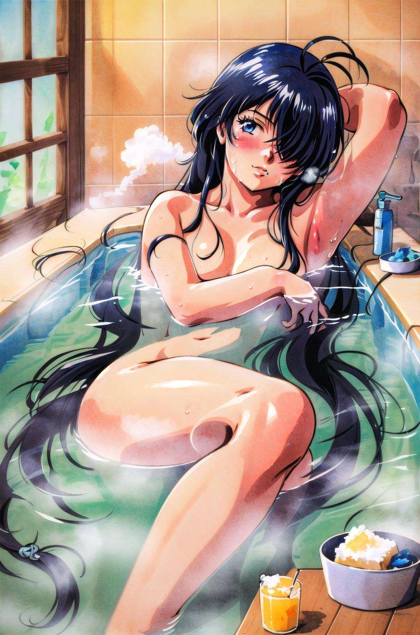 ((masterpiece,best quality, detailed)), 1girl, solo, bathing, nude, blush, wet, bath, partially submerged, steam, convenient censoring, soap bubbles, kanu unchou, hair over one eye, knee up, takada akemi, painting \(medium\), retro artstyle, traditional media, watercolor \(medium\), 1980s \(style\), <lora:KanuUnchouV5-000012:1>, <lora:akemiTakada1980sStyle_1:0.6>