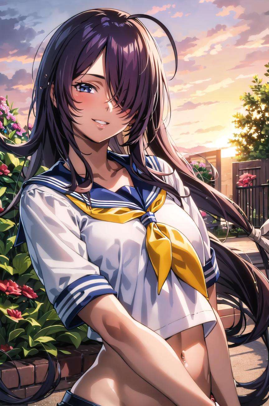 ((masterpiece,best quality, detailed)), 1girl, solo, outdoors, garden, upper body, sunset,kanu unchou, serafuku, yellow neckerchief, low-tied long hair, hair over one eye, smile, midriff, parted lips