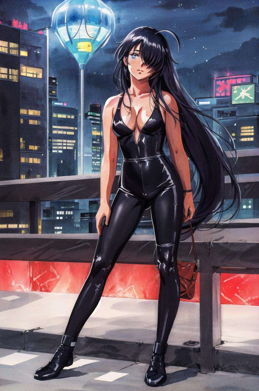 ((masterpiece,best quality, detailed)), 1girl, solo, outdoors, night, city, neon lights, black bodysuit, science fiction, cyberpunk, standing, skindentation, cleavage,kanu unchou, low-tied long hair, hair over one eye,takada akemi, painting \(medium\), retro artstyle, traditional media, watercolor \(medium\), 1980s \(style\), <lora:KanuUnchouV5-000012:1>, <lora:akemiTakada1980sStyle_1:0.6>