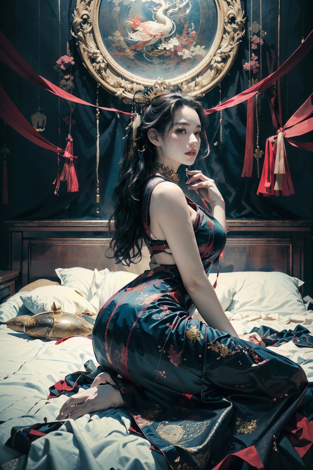 "Masterpiece, Best Quality, 1 Female (Newspaper Background), Black Hair, Flowing Hair, Rosy Cheeks, Gazing at the Audience, Glossy Leather Oversized Outfit, Delighted, (Side View), Full Body, (Lying on a Bed:1), (Studio Lighting), Soft Lighting, Dark Style, Night Style, (Nude: 1.3), (Bare Chest: 0.65), (Nipples: 0.85), (Masterpiece, Top Quality, Official Art, Beauty and Aesthetics: 1.2), (1 Female: 1.4), Extremely Detailed, (Inspired by Joshua Middleton Comic Cover Art: 1.1), (Action Painting: 1.3), (Concretism: 1.2), Theater Stage, (Hypermaximalistic: 1.5), Colorful, Highest Detail, Huliya, Chinese Art, Real Dragon, Underwater, Elegant Hands, Exquisite Manicure, Bathysaurus Dragon, Blue and Gold Dress.",shuixia,少女,纯欲 