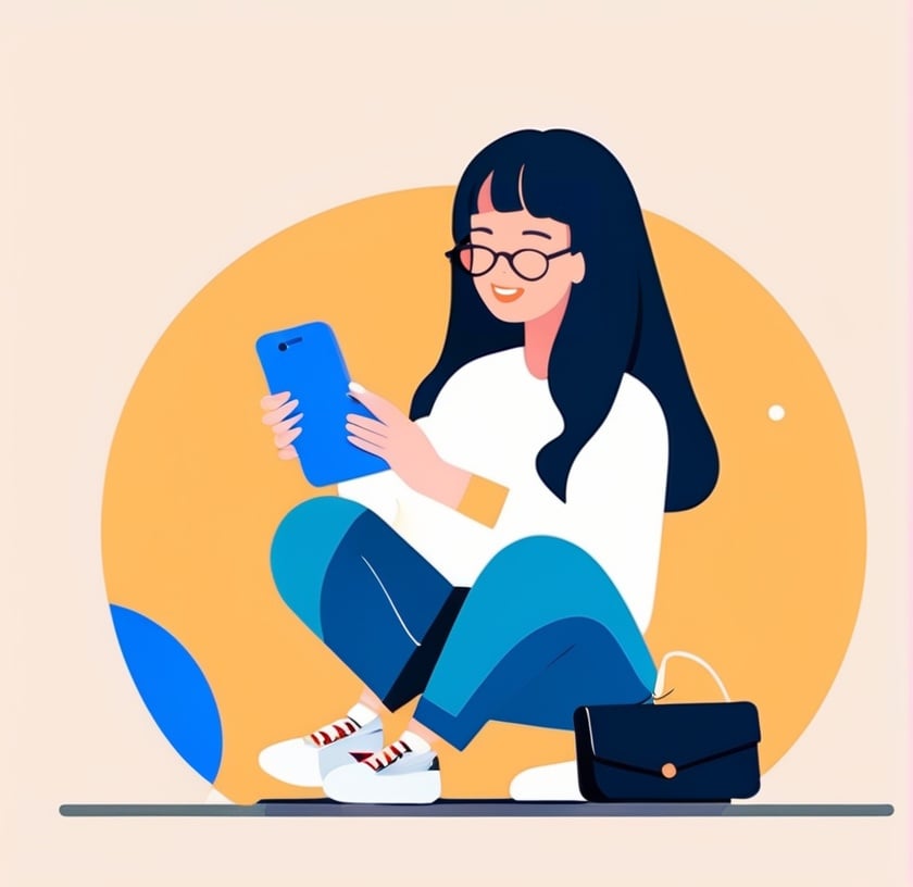 illustration, flat design, 1girl, solo, black hair, phone, holding, pants, long hair, holding phone, sitting, glasses, flat color, circle, closed eyes, blue pants, smile, long sleeves, limited palette<lora:sdxl_illustration:0.65>