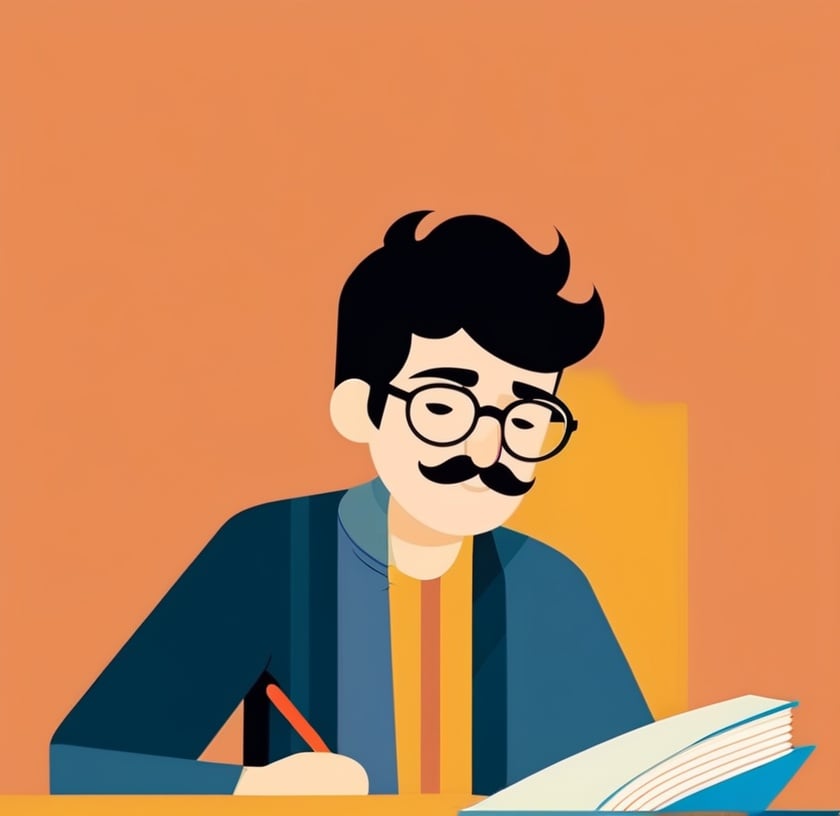 illustration, flat design, solo, 1boy, male focus, flat color, book, facial hair, glasses, black hair, no lineart, mustache, long sleeves, holding, shirt, short hair, upper body <lora:sdxl_illustration:0.65>