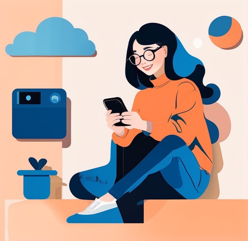 illustration, flat design, 1girl, solo, black hair, phone, holding, pants, long hair, holding phone, sitting, glasses, flat color, circle, closed eyes, blue pants, smile, long sleeves, limited palette<lora:sdxl_illustration:0.65>