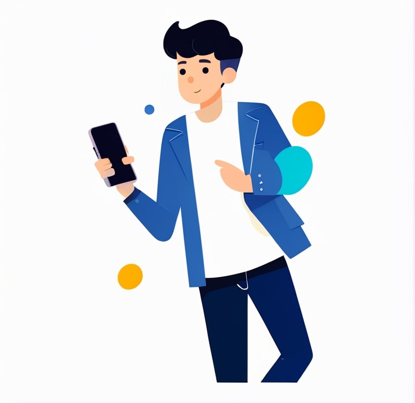 illustration, flat design, solo, 1boy, flat color, male focus, white shirt, pants, shirt, holding, standing, phone, black hair, black pants, long sleeves, holding phone, limited palette, jacket, wide shot, blue pants, short hair, shoes, black footwear<lora:sdxl_illustration:0.65>