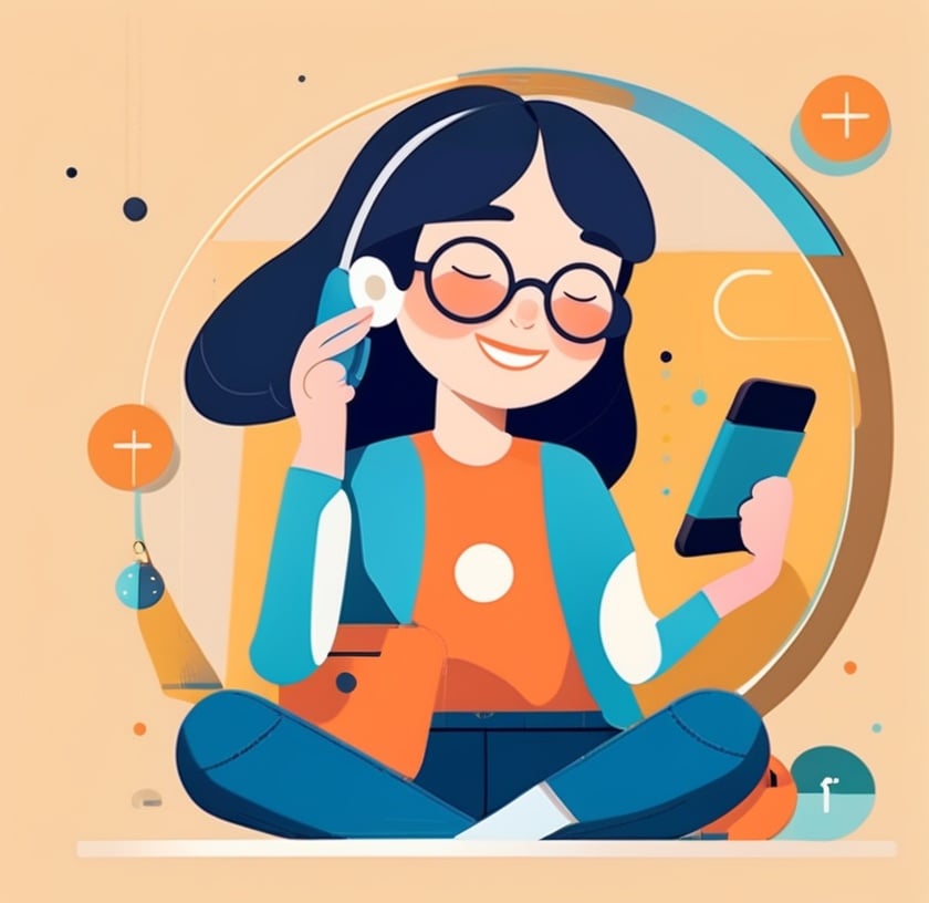 illustration, flat design, 1girl, solo, black hair, phone, holding, pants, long hair, holding phone, sitting, glasses, flat color, circle, closed eyes, blue pants, smile, long sleeves, limited palette<lora:sdxl_illustration:0.65>