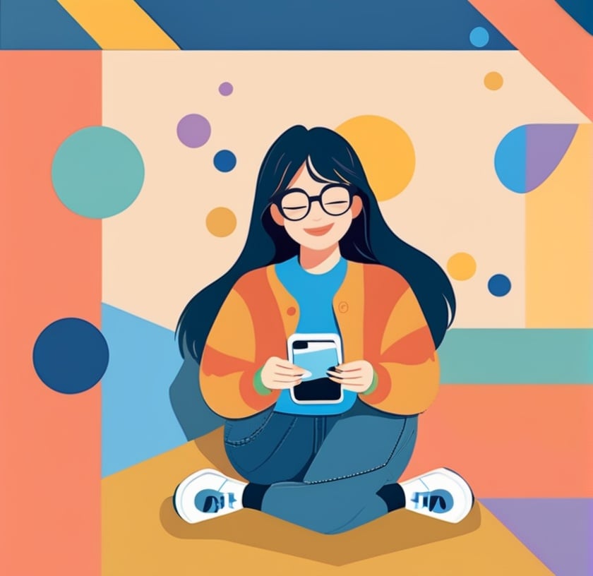 illustration, flat design, 1girl, solo, black hair, phone, holding, pants, long hair, holding phone, sitting, glasses, flat color, circle, closed eyes, blue pants, smile, long sleeves, limited palette<lora:sdxl_illustration:0.65>