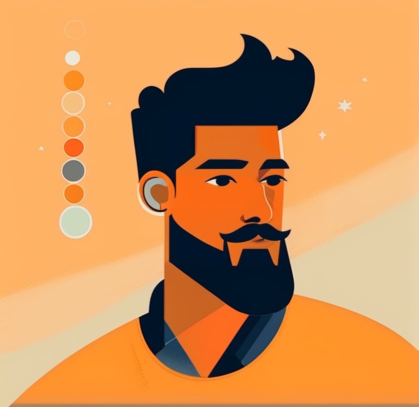 illustration, flat design, solo, glasses, 1boy, black hair, male focus, beard, facial hair, earrings, jewelry, limited palette, profile, flat color, black eyes, orange shirt<lora:sdxl_illustration:0.65>