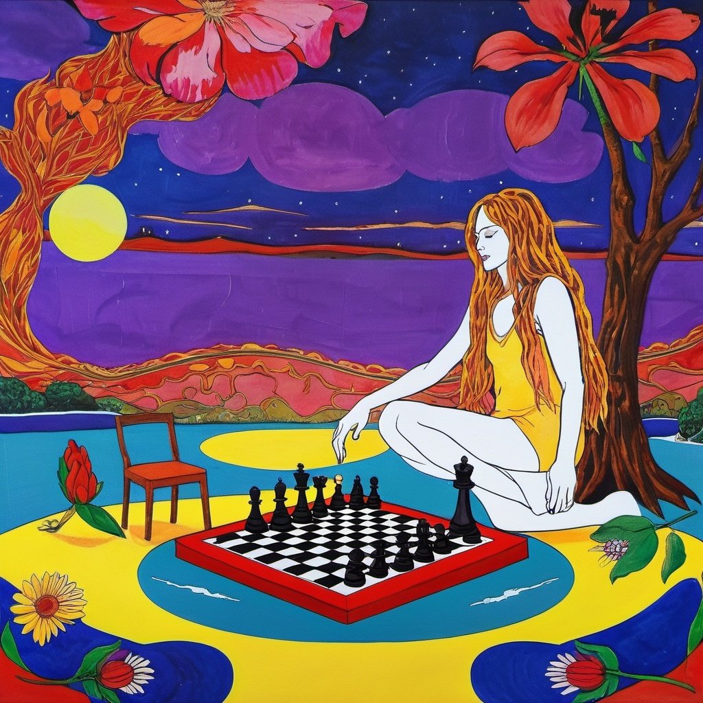 (Best_Quality:1.6),(Sharp:1.3),(UHD:1.2), Masterpiece,Award_Winning_Art,Best_Artist,Creative, aw0k person2, a woman playing chess against a god - like opponent, and the chessboard is full of black and white pieces, sweeping panorama, van gogh style, 16k, hyper quality,A colorful painting of the ocean with different colored liquids, in the style of psychedelic neon, melting pots, the stars art group( xing xing) , liquid emulsion printing, distorted figures, celestialpunk, multilayered dimensions  <lora:macards:0.8>  <lora:katu:0.8>  <lora:straightsyle:0.6>