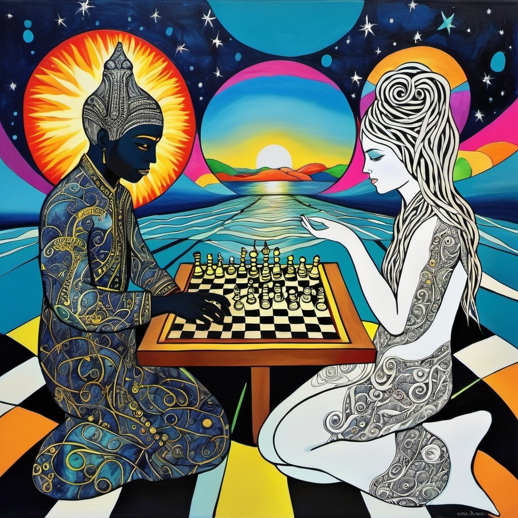(Best_Quality:1.6),(Sharp:1.3),(UHD:1.2), Masterpiece,Award_Winning_Art,Best_Artist,Creative,A black chess player is playing against a god - like opponent, and the chessboard is full of black and white pieces, sweeping panorama, van gogh style, 16k, hyper quality,A colorful painting of the ocean with different colored liquids, in the style of psychedelic neon, melting pots, the stars art group( xing xing) , liquid emulsion printing, distorted figures, celestialpunk, multilayered dimensions  
