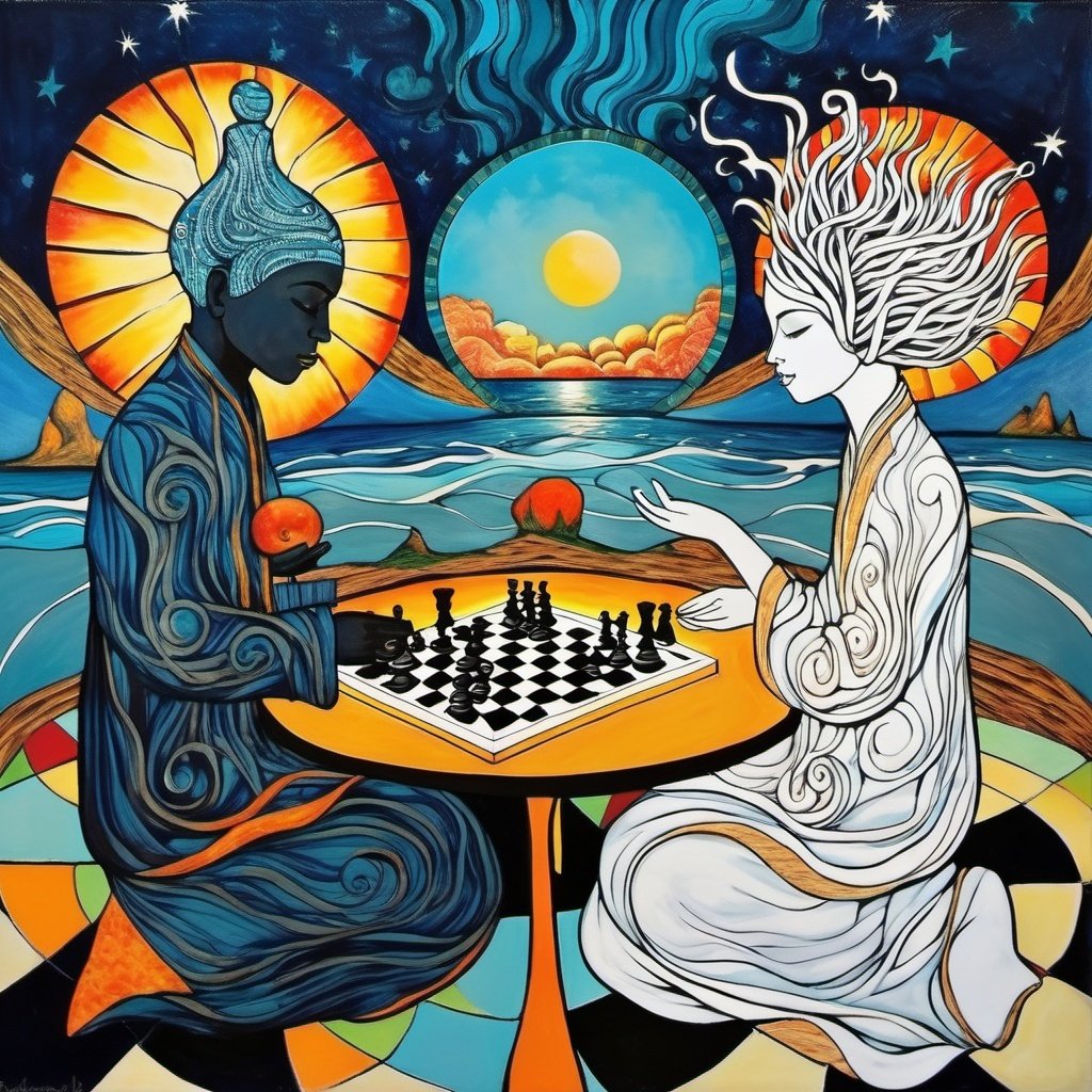 (Best_Quality:1.6),(Sharp:1.3),(UHD:1.2), Masterpiece,Award_Winning_Art,Best_Artist,Creative,A black chess player is playing against a god - like opponent, and the chessboard is full of black and white pieces, sweeping panorama, van gogh style, 16k, hyper quality,A colorful painting of the ocean with different colored liquids, in the style of psychedelic neon, melting pots, the stars art group( xing xing) , liquid emulsion printing, distorted figures, celestialpunk, multilayered dimensions  