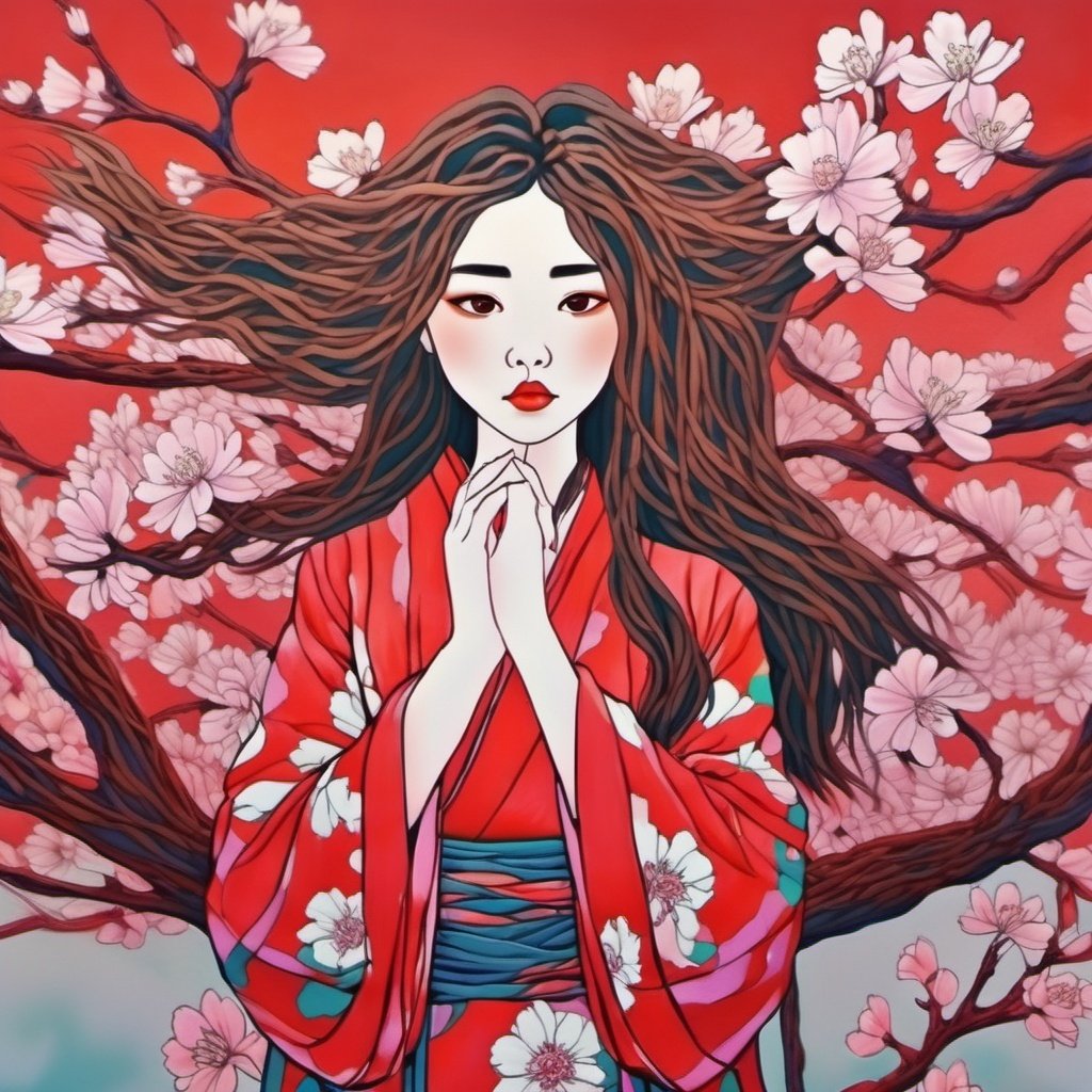 close up portrait, intimate , gorgeous asian woman in trendy kimono , dynamic pose, tick large windblown hair, intricate coloring and textures, abstract cherry blossom background, wlop style, niji style, shallow depth of field , surreal , vibrant colors, sharp focus, detailed illustrations, surrealism, neo impressionism, hyperrealistic digital painting, Wlop, Artgem , artstation, cgsociety, , 8K UHD, HDR, <lora:macards:1>