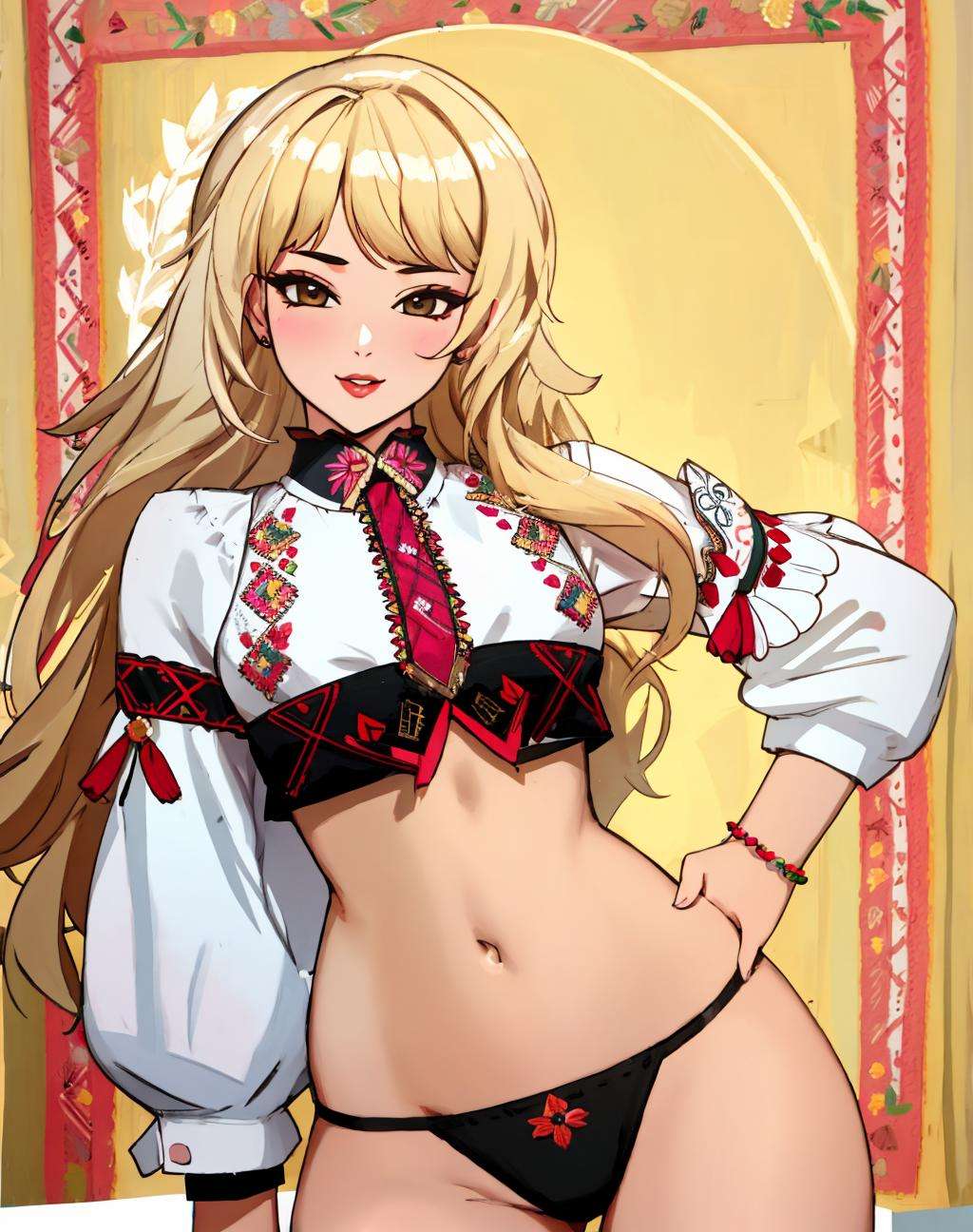 4K, Masterpiece, highres, absurdres,edgVyshivanka,edgPanties, a blonde woman ([showing off her lingerie|a woman in,edgVyshivanka]::0.5) ,(edgVyshivanka_style_embroidery:1.15) ,sexy clothing,<lora:edgVyshivankaPanties:0.8>