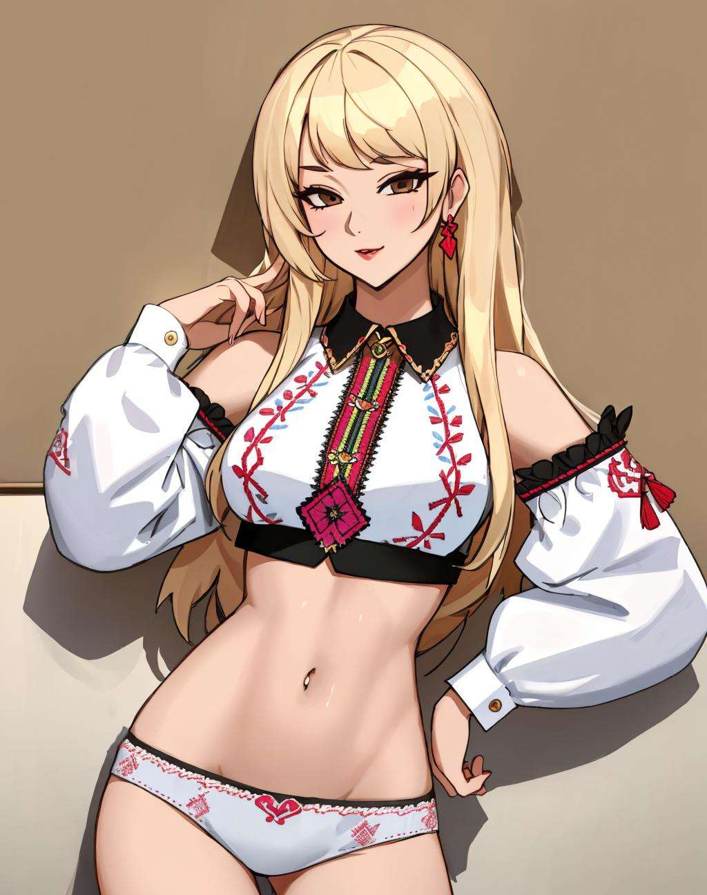 4K, Masterpiece, highres, absurdres,  edgVyshivanka,edgPanties, a slender blonde woman ([showing off her panties|wearing a edgVyshivanka_(white blouse) and edgPanties_lingerie]::0.75) ,(edgVyshivanka_style_embroidery:1.15) ,sexy clothing, <lora:edgVyshivankaPanties:0.7>