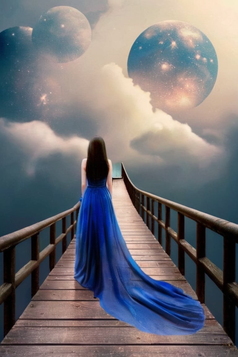 a chinese lady stood on the star bridge. dressed in blue ,elegant, ((dreamly landscape)), space, beautiful face