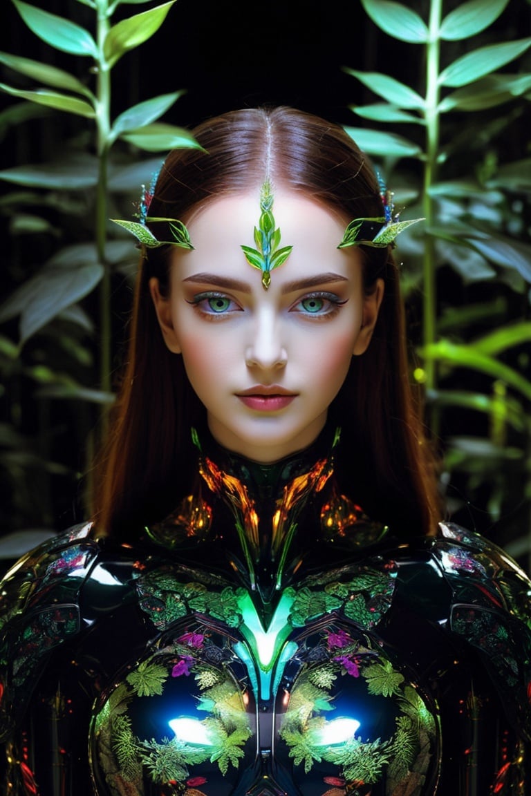 high detailed professional upper body photo of a transparent porcelain android looking at viewer, with glowing backlit panels, anatomical plants, dark forest, night, darkness, grainy, shiny, intricate plant details, with vibrant colors, colorful plumage, bold colors, flora, contrasting shadows , realistic, photographic,MenEro,science fiction,dreamscape