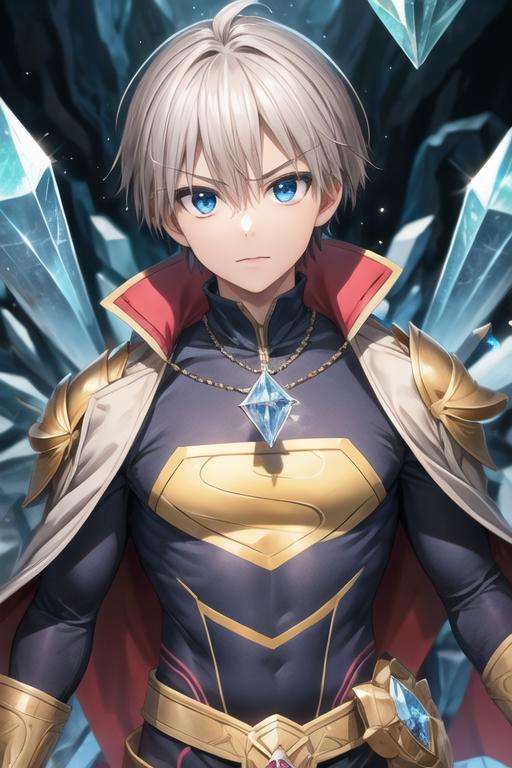 masterpiece, best quality, , 1boy, solo, male focus, looking at viewer, upper body, depth of field, <lora:kiri_uzaki:0.66>, kiri_uzaki, grey hair, blue eyes, superhero costume, The Crystal Cave: A fantastical place where gemstones and crystals grow in abundance,