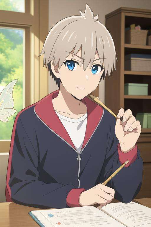 masterpiece, best quality, illustration, 1boy, solo, male focus, looking at viewer, upper body, , <lora:kiri_uzaki:0.64>, kiri_uzaki, grey hair, blue eyes, , Fairyland: A place where fairies and other magical creatures live,